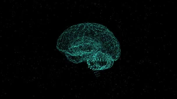 Green brain shape connection of shining particles lavitating over black background. — Stock Video