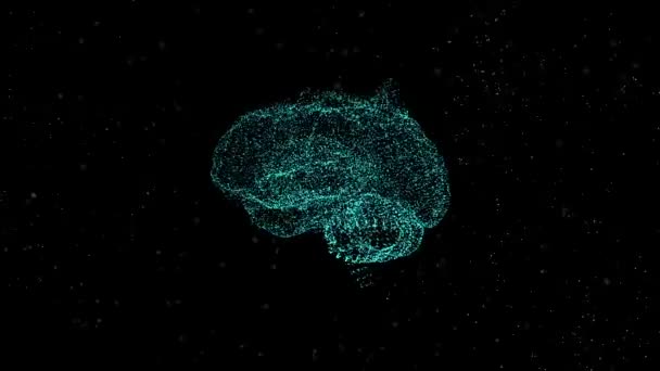 Abstrakcyjna świecąca struktura mózgu utworzona z drobnych cząstek w intensywnej aktywności unoszącej się w ciemnej przestrzeni. — Wideo stockowe