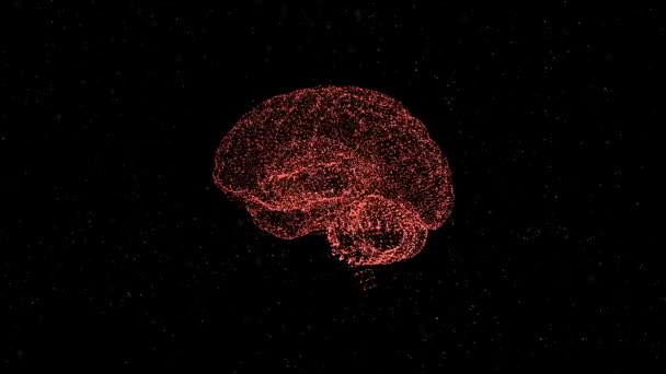 Zbliżenie wideo ludzkiego mózgu utworzonego z czerwonych świecących cząstek unoszących się na czarnym tle. — Wideo stockowe