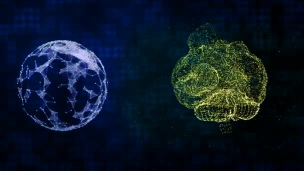 Concept de technologies et intelect. Planète Plexus et cerveau des particules de poussière de l'espace sur fond numérique quadrillé . — Video