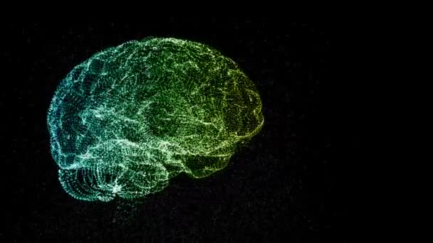 Concepto de propiedad intelectual. Resumen de la maqueta cerebral de pequeñas partículas brillantes de color amarillo y verde que se lavan en el espacio . — Vídeo de stock