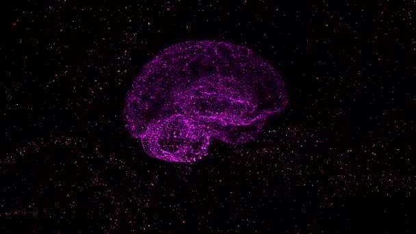 Fikri mülkiyet kavramı. Uzayda savrulan küçük parlak menekşe parçacıklarının soyut beyin modeli.. — Stok video