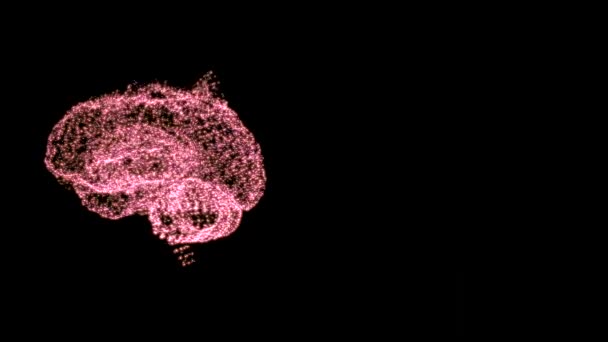 Futuristische wetenschap en technologie. 3d menselijke hersenen gevormd door ronddraaiende deeltjes pulserend in duisternis. — Stockvideo