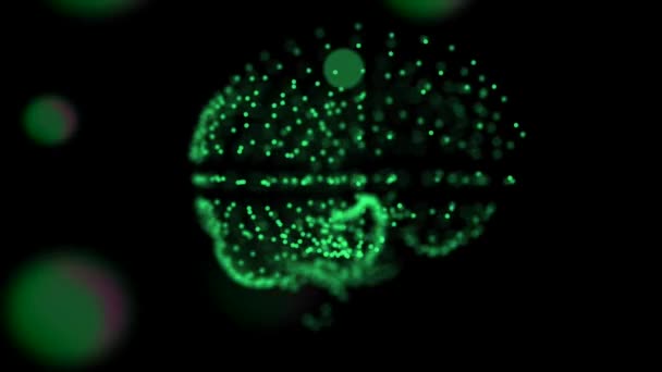 Концепция блокчейн. Сплетение красочных соединений в форме мозга, плавающего в космосе с частицами боке на переднем крае . — стоковое видео