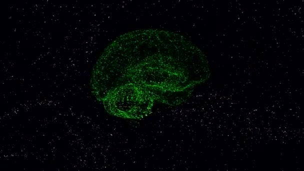 Футуристическая наука и технологии. 3D рендеринг человеческого мозга, образованного вращающимися частицами, пульсирующими и меняющими цвета в темноте . — стоковое видео