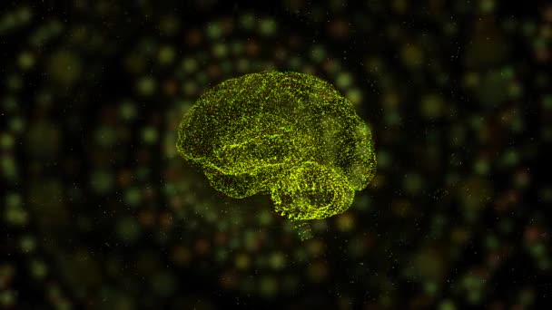 Cerebro humano mágicamente diseñado flotando en el espacio de coloridas partículas bokeh . — Vídeo de stock