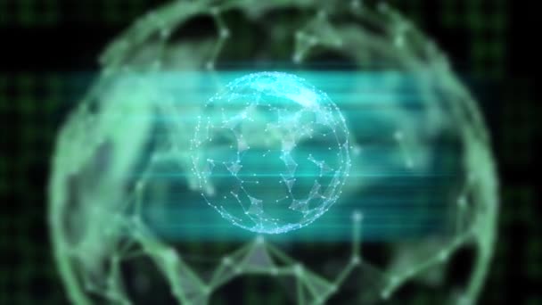 Nucleaire energie concept. Abstracte animatie van kern draaien rond binnen van transparante bol of molecuul over verlichte kwadraat achtergrond. — Stockvideo