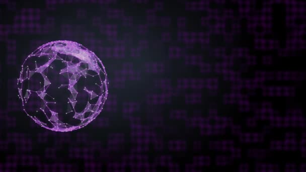 4k Video eines 3D gerenderten Planeten mit Plexusoberfläche über quadratischem Hintergrund im violetten Farbverlauf. — Stockvideo