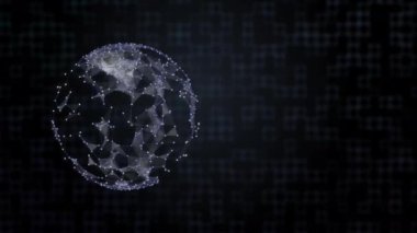 Medya dünyası konsepti. Soyut mavi arkaplan üzerindeki plexus ağ kalkanı altındaki gezegenin 4k videosu.