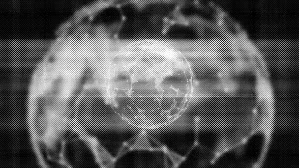 Концепция ядерной энергии. Абстрактная анимация ядра, вращающегося внутри прозрачного глобуса или молекулы на подсвеченном квадратном фоне . — стоковое видео
