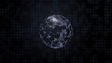 Pleksus desenli dünya gezegeniyle hologram ve sayısallaştırılmış bilgi satırlarında kare arkaplan veri merkezi.