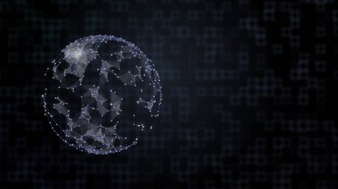 İnternet konsepti. Dünya gezegeninin etrafındaki düğümlerden oluşan bir ağ arkaplandaki verileri karelerle dışarı salıyor.