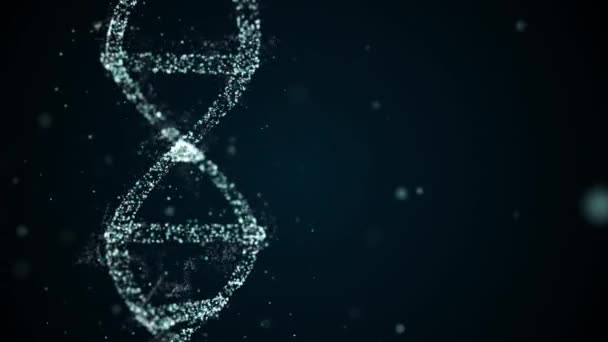 Drehung der digitalen DNA auf abstraktem Hintergrund mit schwebenden Partikeln, die genetische Daten sammeln. — Stockvideo