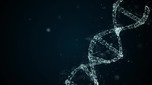 Estructura de ADN artificial con partículas de luz brillante sobre fondo artístico oscuro del ciberespacio . — Vídeo de stock