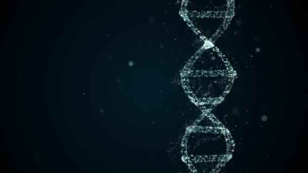 Rotace digitální DNA na abstraktním pozadí s plovoucími částicemi sbírajícími genetická data. — Stock video