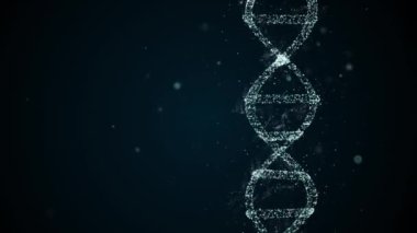 Soyut dijital DNA molekülü görselleştirme videosu koyu mavi arkaplan üzerinde parıldıyor ve bokeh parçacıkları etrafında.