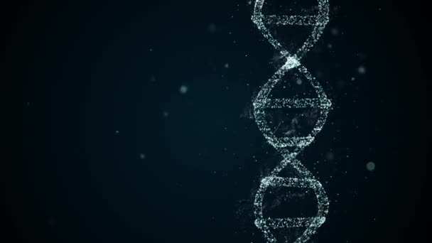 Vídeo de visualização de moléculas de DNA digital abstrato brilhando sobre fundo azul escuro com partículas de bokeh ao redor . — Vídeo de Stock