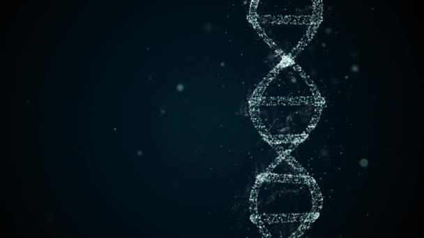 Abstract glittering DNA helix with depth of field rotating over dark space background, then fades away. — Stock Video