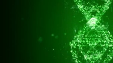 Genetik veri toplamak ve yeşil ışık yaymak için yüzen parçacıklarla soyut arkaplanda dijital DNA 'nın döndürülmesi.