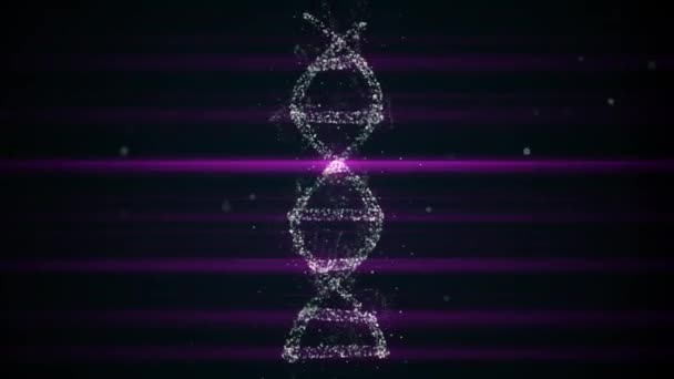 Innovative technologies in science and medicine. High-tech model of DNA molecule out of abstract particles forming spiral, which is rotatiting crossed by laser stripes. — Stock Video