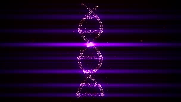 DNA molecule sequence of abstract particles on dark space background crossed by light laser streaks. — Stock Video