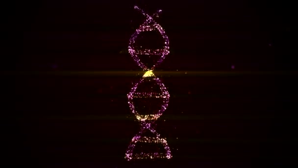 Абстрактное видео визуализации цифровой молекулы ДНК, мерцающее на темно-синем фоне с частицами боке вокруг . — стоковое видео