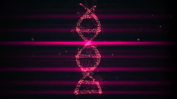 DNA molecuul sequentie van abstracte deeltjes op donkere ruimte achtergrond gekruist door licht laser strepen. — Stockvideo