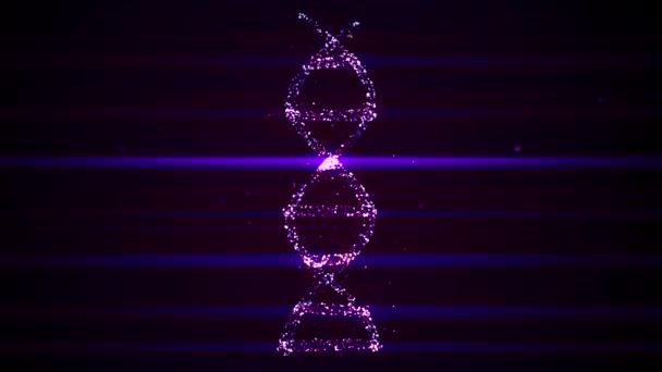 Innovatieve technologieën in wetenschap en geneeskunde. High-tech model van DNA-molecuul uit abstracte deeltjes vormen spiraal, die rotatiting gekruist door laserstrepen. — Stockvideo