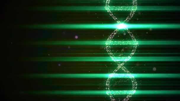 Virtual dna generated from abstract space dust is turning around illuminated by green light rays. — Stock Video