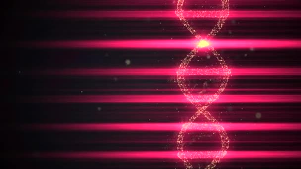 El ADN virtual generado a partir del polvo espacial abstracto está girando iluminado por rayos de luz rosa . — Vídeos de Stock