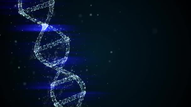 Estilo ciencia ficción. Cadena giratoria de ADN de neón bajo la influencia de rayos de luz ultravioleta fluorescentes . — Vídeo de stock