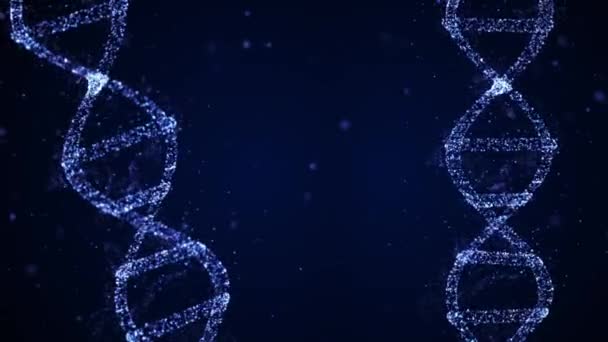 DNA helix strand made of particles with amino acid floating around on blue background. — Stock Video