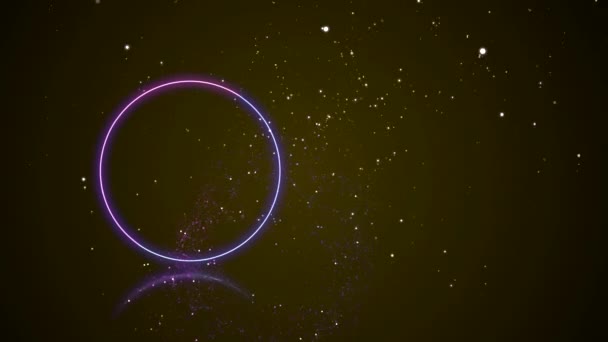Σωματίδια Bokeh τρεμοπαίζουν και σχηματίζουν κύκλους νέον με αντανάκλαση στο σκοτεινό διάστημα. — Αρχείο Βίντεο