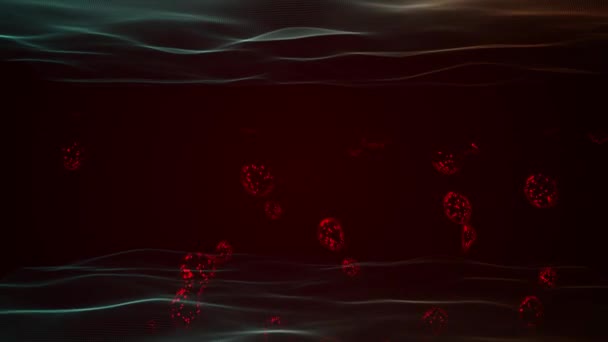 Abstract waves of tiny dot particles on dark background on the top and bottom of the screen and red blood cells falling down. — 비디오