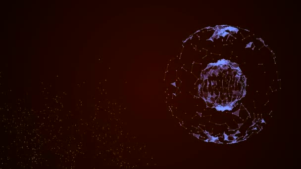 Linee astratte blockchain in movimento e punti sul pianeta con nucleo incandescente all'interno e particelle scintillanti intorno . — Video Stock
