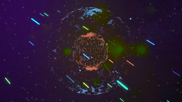 globe abstrait rendu 3d avec structure triangulée plexus et particules de ligne colorées volant .