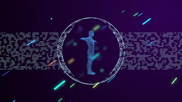 Bright futuristic gridded human hologram rotating in a circle of abstract dust and linear particles moving up. — Stock Video