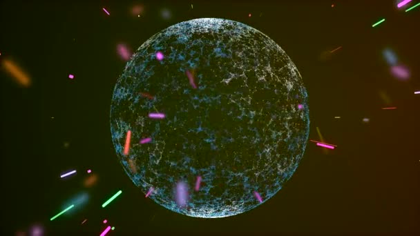Μετεωρίτη βροχή αφηρημένων πολύχρωμων σωματιδίων που πλησιάζουν μια αστραφτερή απεικόνιση του πλανήτη που περιστρέφεται στο διάστημα. — Αρχείο Βίντεο