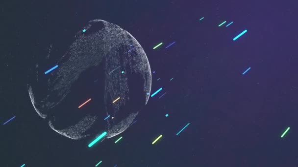 Visualisation d'un tourbillon cosmique actif avec effet glitch et corps célestes colorés s'envolant jusqu'à ce qu'ils disparaissent .