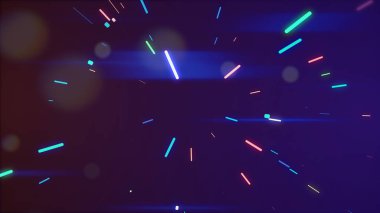 Tünel hareketinde parlayan çok renkli neon ışınları ve etrafta yüzen şeffaf bokeh parçacıkları..