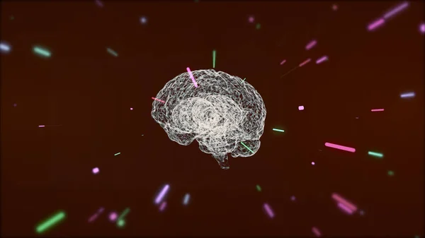 Λευκό ολόγραμμα ανθρώπινου εγκεφάλου που περιστρέφεται σε αφηρημένη σήραγγα υψηλής ταχύτητας γραμμικών σωματιδίων που μεγεθύνεται σε. — Φωτογραφία Αρχείου