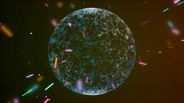 Meteoritový déšť abstraktních barevných částic blížících se k třpytivé vizualizaci planety rotující ve vesmíru. — Stock fotografie