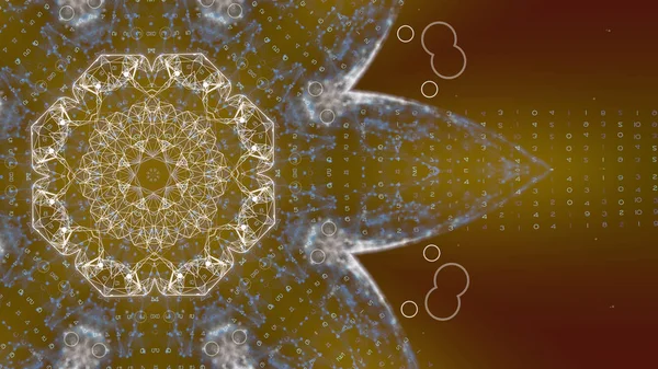 バイナリコード処理の概念。花の形をした幾何学的なプレキシュ模様を咲かせ、各花弁から無限の数字列をエンコードします。. — ストック写真