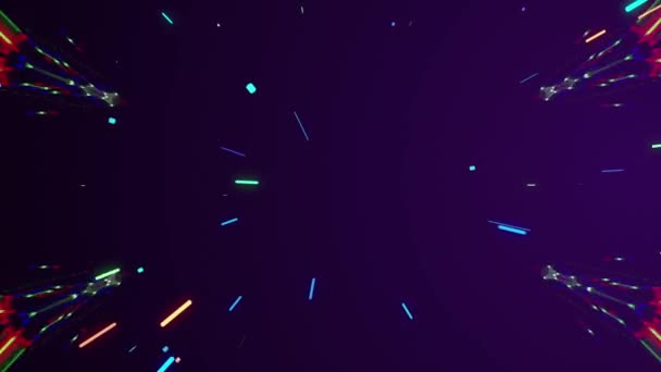 Multicolored neon glowing rays in tunnel motion with translucent bokeh particles zooming in. — Stock Video