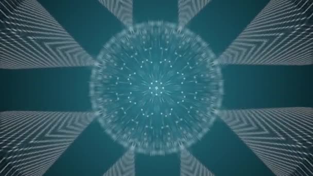 Abstraktes fraktales Magnetfeld um einen Globus aus glänzenden Teilchen auf blauem Hintergrund. — Stockvideo