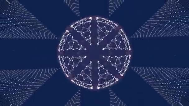 Champ magnétique fractal abstrait autour d'un globe dans une grille de plexus brillant sur fond bleu . — Video