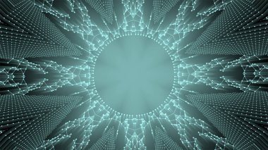 Aydınlatıcı desen turkuaz renkte parlıyor, sonsuz enerji ve ilham kaynağı gibi görünüyor..