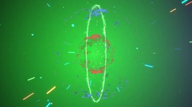Mavi kürenin içinde kırmızı pleksus küre etrafında dönen ve yeşil ekran uzaya renkli çizgi parçacıkları atan ışık halkası.