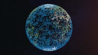 Weather forecast concept. Animated globe in tight plexus network rotating counterclockwise over black starry background.