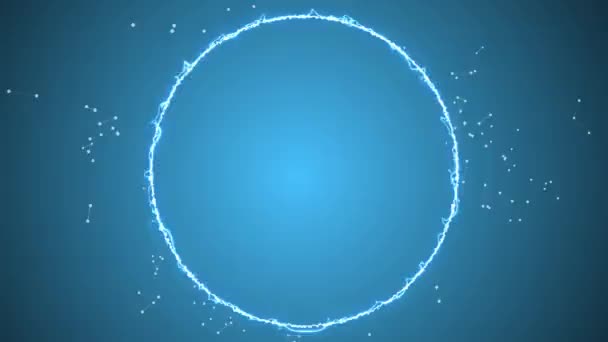 Shining light strokes following circular ring motion path and spinning on blue background full of white plexus connects. — Stock Video